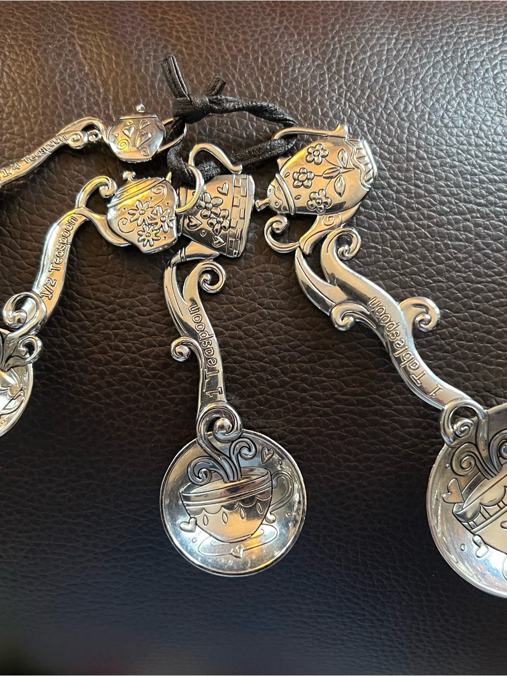 Teddy Bear Tea Spoon Set - Silver Tone Floral Teapot Design